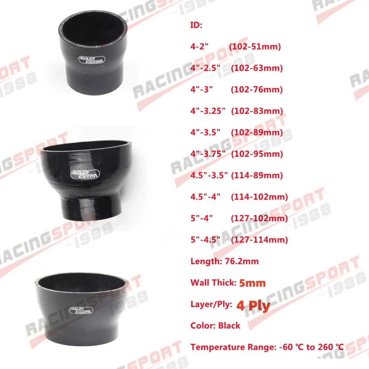 ADLERSPEED Универсальный 4 дюйма/4,5 дюйма/5 дюймов до 2 дюймов/2,5 дюйма/3 дюйма/3,5 дюйма/4 дюйма/4,5 дюйма силиконовый шланг для труб интеркулера турбонаддува соединительный шланг
ADLERSPEED Универсальный 4 дюйма/4,5 дюйма/5 дюймов до 2 дюймов/2,5 дюйма/3 дюйма/3,5 дюйма/4 дюйма/4,5 дюйма силиконовый шланг для труб интеркулера турбонаддува соединительный шланг
