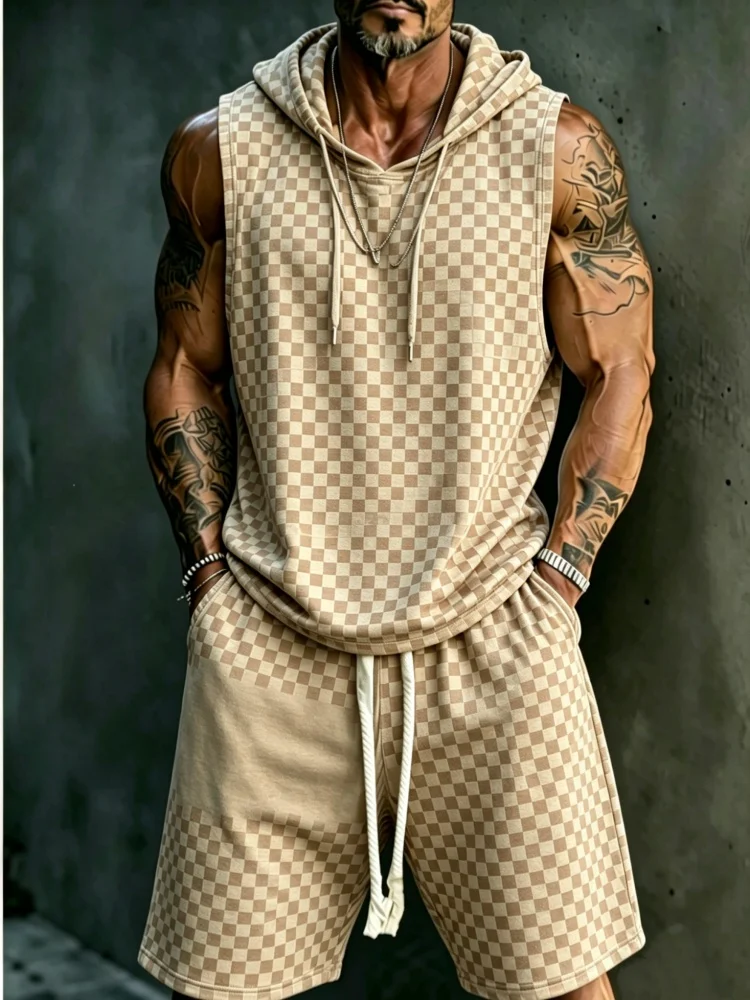 Men's Sleeveless Hooded Tank & Shorts Set, Loose Comfort Beige Checkerboard Casual Streetwear
Men's Sleeveless Hooded Tank & Shorts Set, Loose Comfort Beige Checkerboard Casual Streetwear