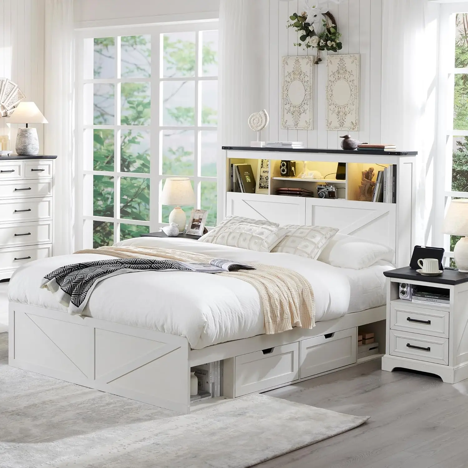 Farmhouse Queen Size Wood Bed Frame with 52" Tall Storage Headboard and 4 Drawers,LED Light,Charging Station,Solid Wood Slats Su
Farmhouse Queen Size Wood Bed Frame with 52" Tall Storage Headboard and 4 Drawers,LED Light,Charging Station,Solid Wood Slats Su