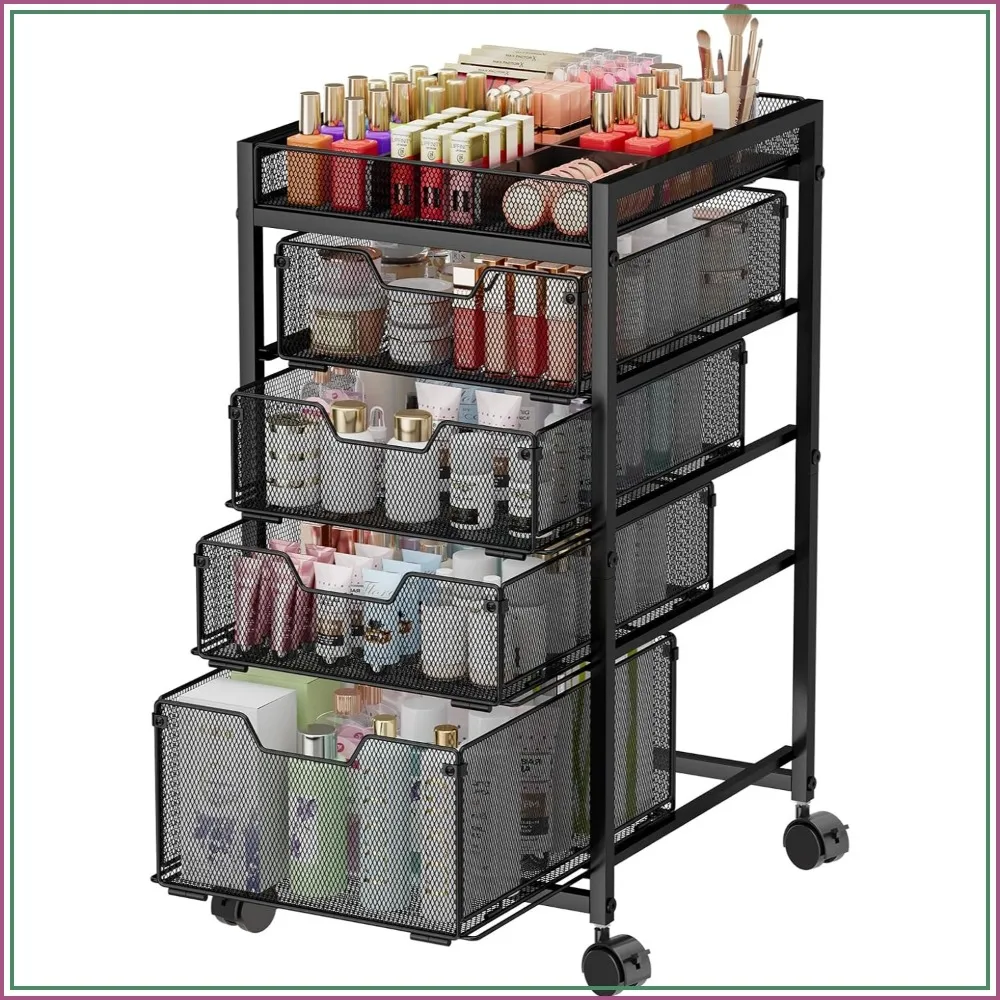 Rolling Makeup Cart with 4 Drawers & Dividers, Mobile Storage for Cosmetics, Skincare, Nail Polish, Black
Rolling Makeup Cart with 4 Drawers & Dividers, Mobile Storage for Cosmetics, Skincare, Nail Polish, Black