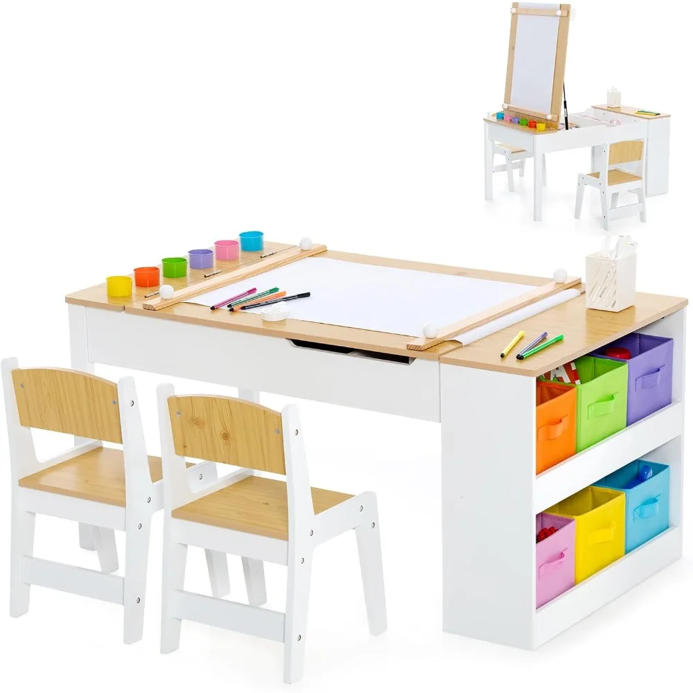 3 in 1 Kids Table and Chair Set, Wood Art Table & Easel Set with 2 Chairs, 6 Storage Bins, Toddler Table and Chair Set
3 in 1 Kids Table and Chair Set, Wood Art Table & Easel Set with 2 Chairs, 6 Storage Bins, Toddler Table and Chair Set