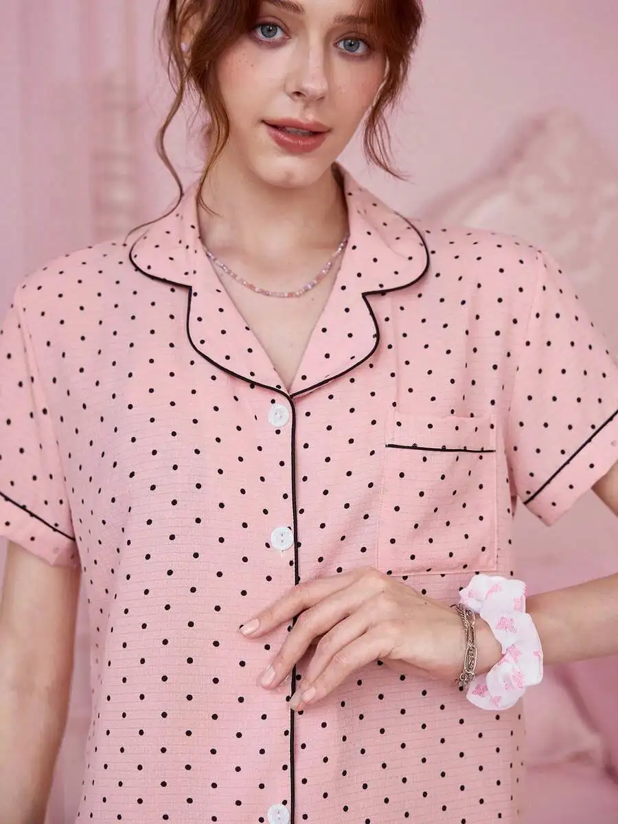 Women Polka Dot Short Sleeve Button Up Pajama Set Summer Loungewear Home Wear
Women Polka Dot Short Sleeve Button Up Pajama Set Summer Loungewear Home Wear