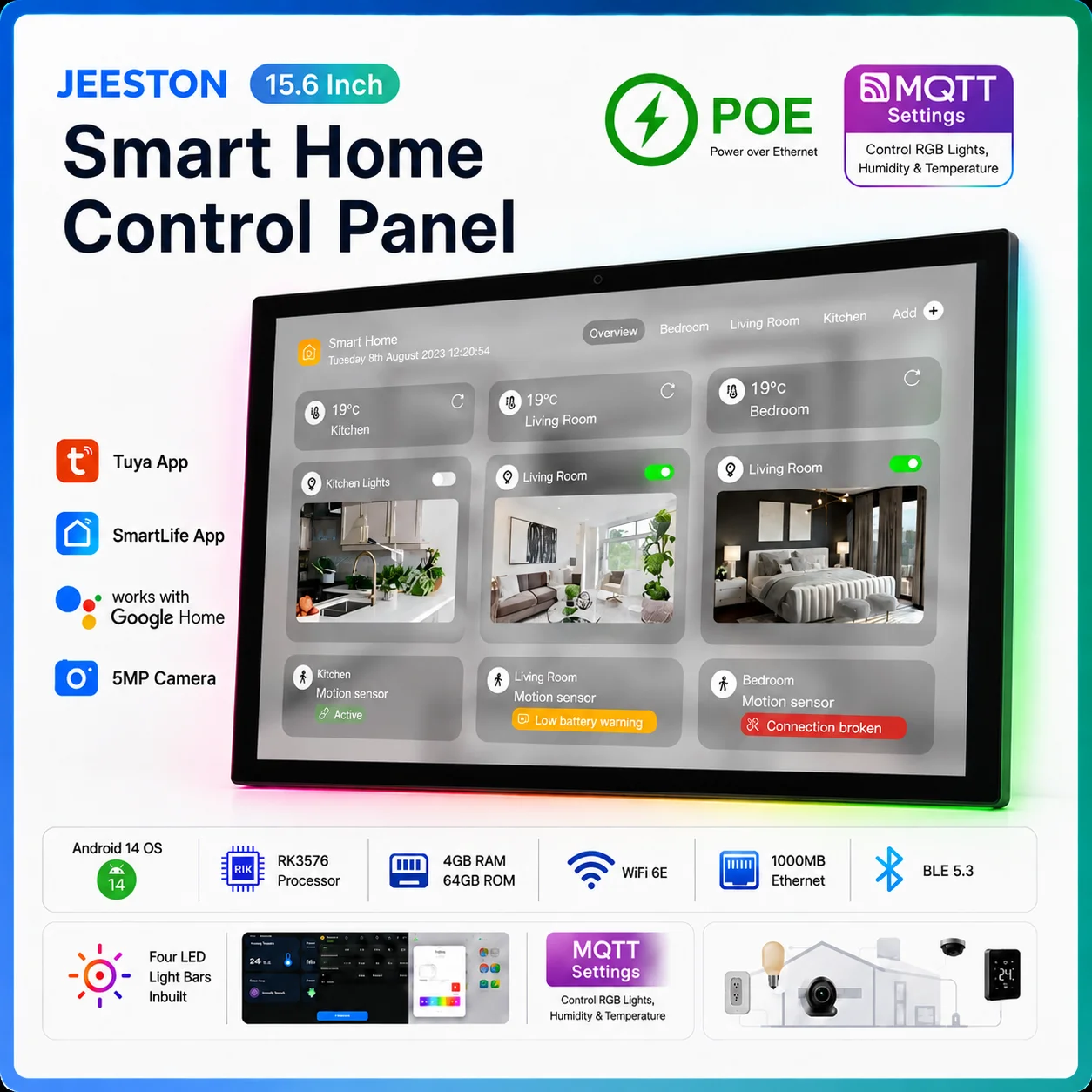 Inwall 15.6 inch Smart Home Tablet Android 14 Pad 4G 64G Home Assistant Tablet with 4 sides light bars POE 86box Temprature
Inwall 15.6 inch Smart Home Tablet Android 14 Pad 4G 64G Home Assistant Tablet with 4 sides light bars POE 86box Temprature