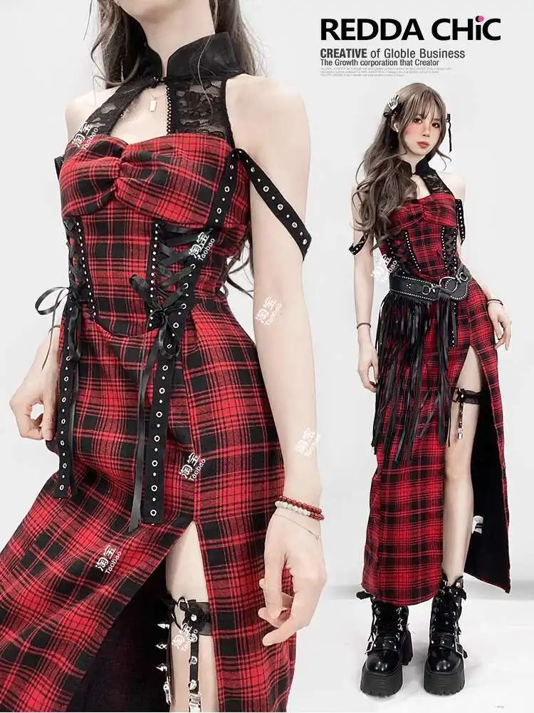 Subculture Black Red Grid Halter Dress Wrap The Buttocks Vent Punk Dark Brother Goth Clothes women Lace Skirt Sleeveless
Subculture Black Red Grid Halter Dress Wrap The Buttocks Vent Punk Dark Brother Goth Clothes women Lace Skirt Sleeveless