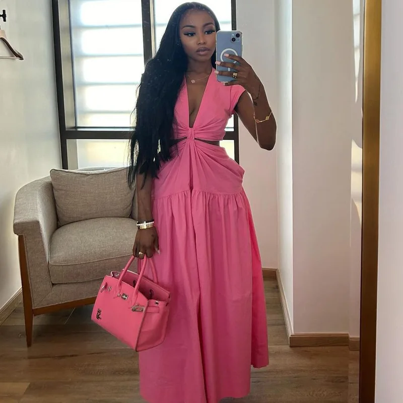 Women's Long Dresses Sexy Deep V-neck Show Your Waist Folds Sleeveless Maxi Dress Summer Simple Solid Color Vestidos New Female
Women's Long Dresses Sexy Deep V-neck Show Your Waist Folds Sleeveless Maxi Dress Summer Simple Solid Color Vestidos New Female