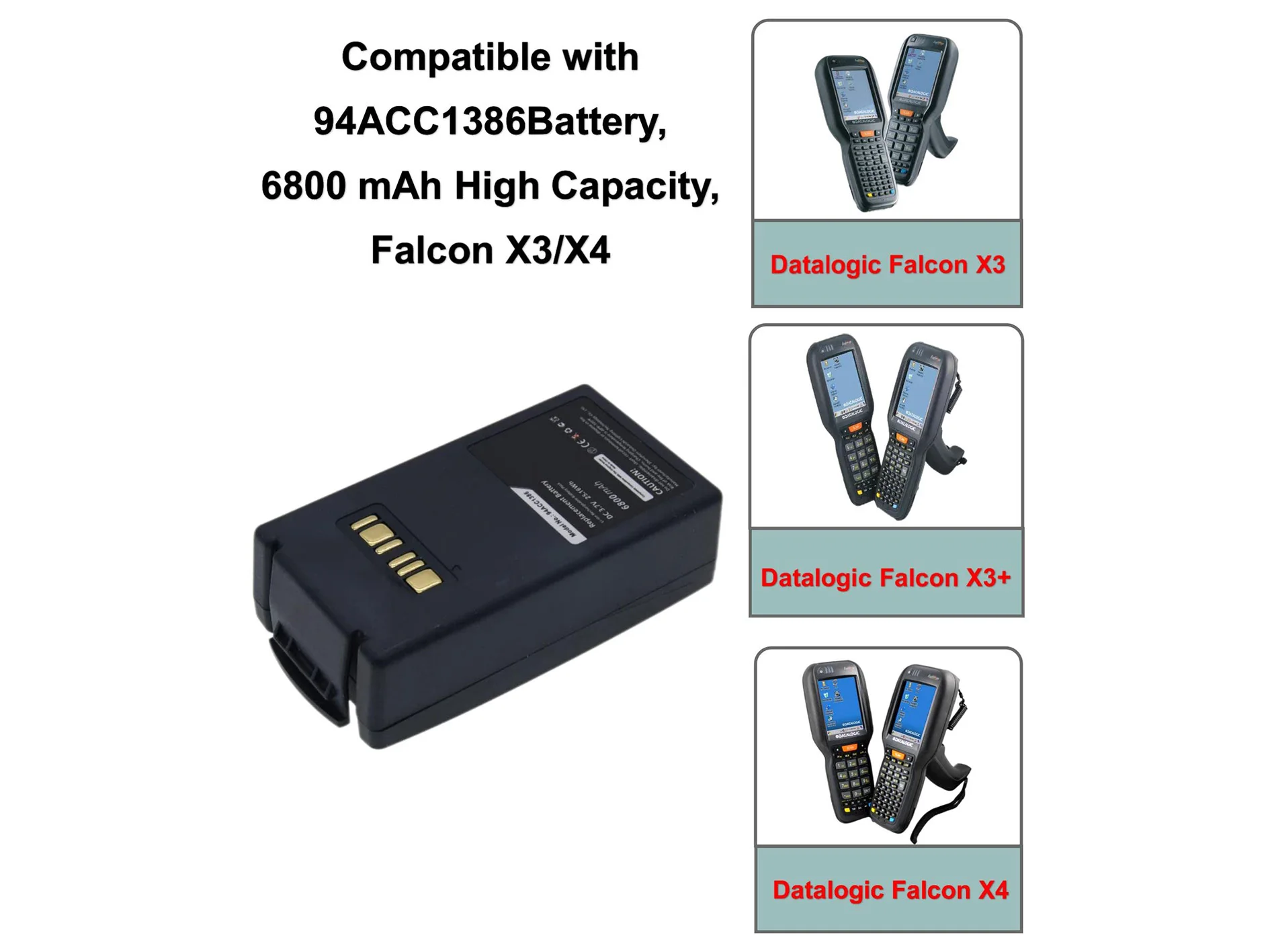 Сменный аккумулятор для Datalogic Falcon X3, Falcon X3 Plus, Falcon X3+, Falcon X4 94ACC1386, BT-26 3,7 В/6800 мАч
Сменный аккумулятор для Datalogic Falcon X3, Falcon X3 Plus, Falcon X3+, Falcon X4 94ACC1386, BT-26 3,7 В/6800 мАч