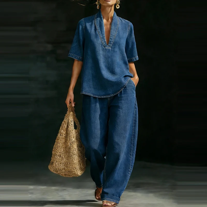 Summer Simple Solid Color Cowboy Suit Sexy Women's V-neck Short Sleeved Top and Pants Office 2pc Set Casual Loose Holiday Outfit
Summer Simple Solid Color Cowboy Suit Sexy Women's V-neck Short Sleeved Top and Pants Office 2pc Set Casual Loose Holiday Outfit