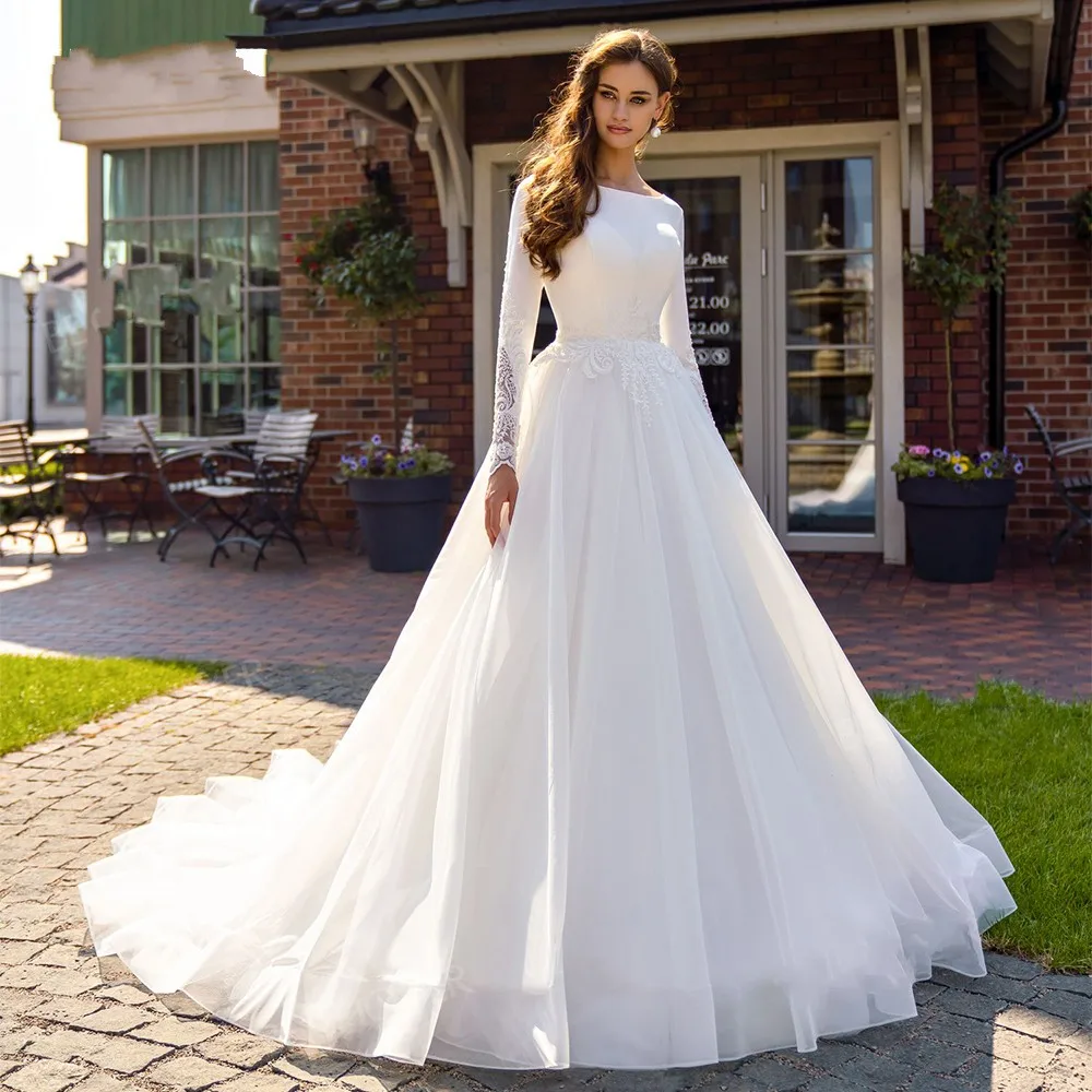 Wedding Dress Elegant Beaded Appliques A-Line Fashion O-Neck Long Sleeve Satin Bride Gown 2025 Vestidos De Noiva Customized
Wedding Dress Elegant Beaded Appliques A-Line Fashion O-Neck Long Sleeve Satin Bride Gown 2025 Vestidos De Noiva Customized