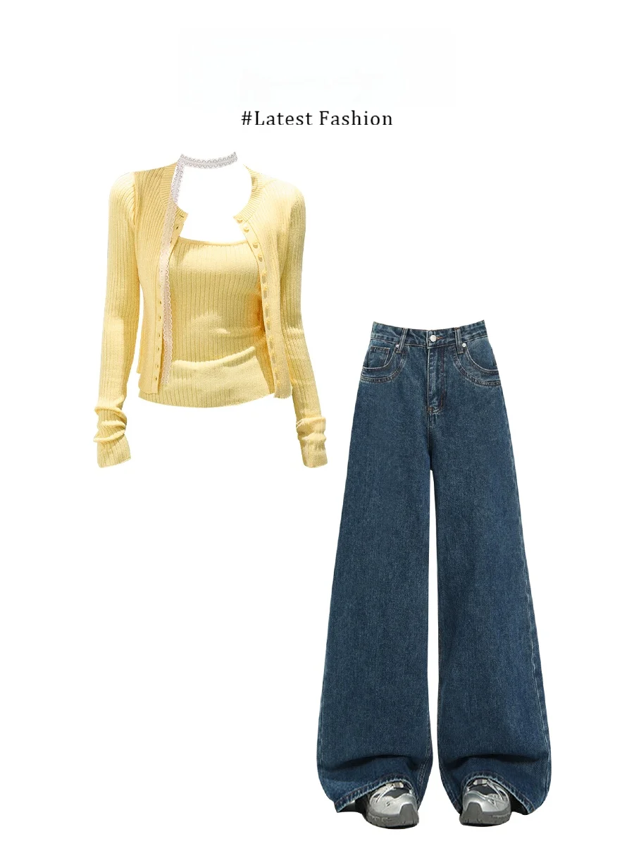 Yellow Knitted Tank Top And Blue Jeans Set Women's Spring Fashion Casual Wear Warm Midweight Long Sleeve round Neck Two Piece...
Yellow Knitted Tank Top And Blue Jeans Set Women's Spring Fashion Casual Wear Warm Midweight Long Sleeve round Neck Two Piece...