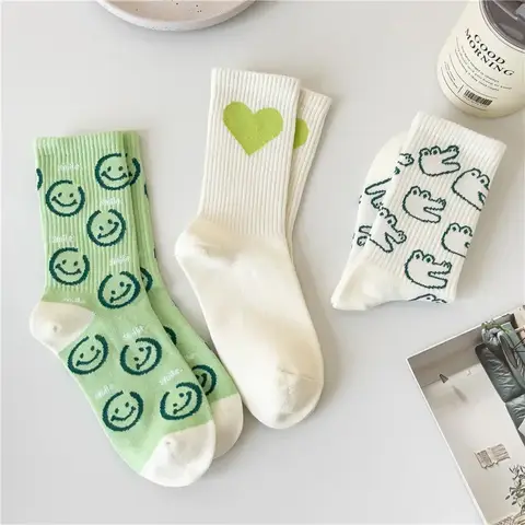 Women's Spring Autumn Green Smiling Face Cotton Socks Kawaii Korean Japanese Designer Cartoon Dinosaur Print Casual Stockings