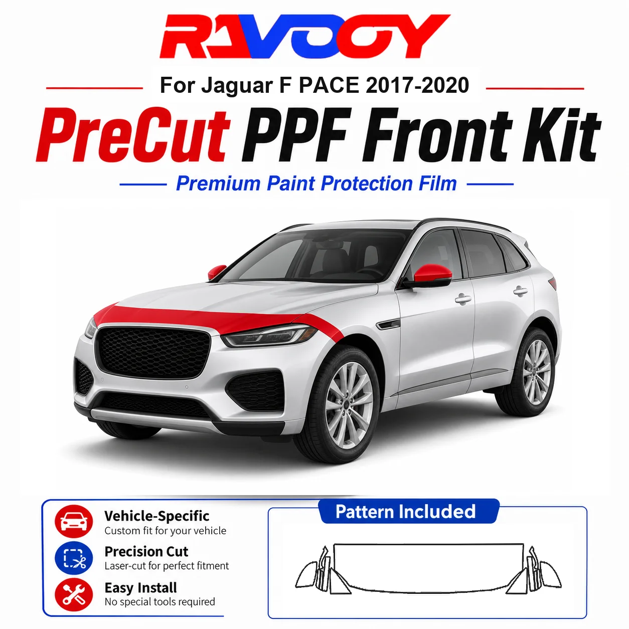 8.5mil TPU Precut PPF Kit For Jaguar F PACE 2017-2020 - Hood, Fenders & Mirror Set - Self-Healing Clear Bra Film
8.5mil TPU Precut PPF Kit For Jaguar F PACE 2017-2020 - Hood, Fenders & Mirror Set - Self-Healing Clear Bra Film