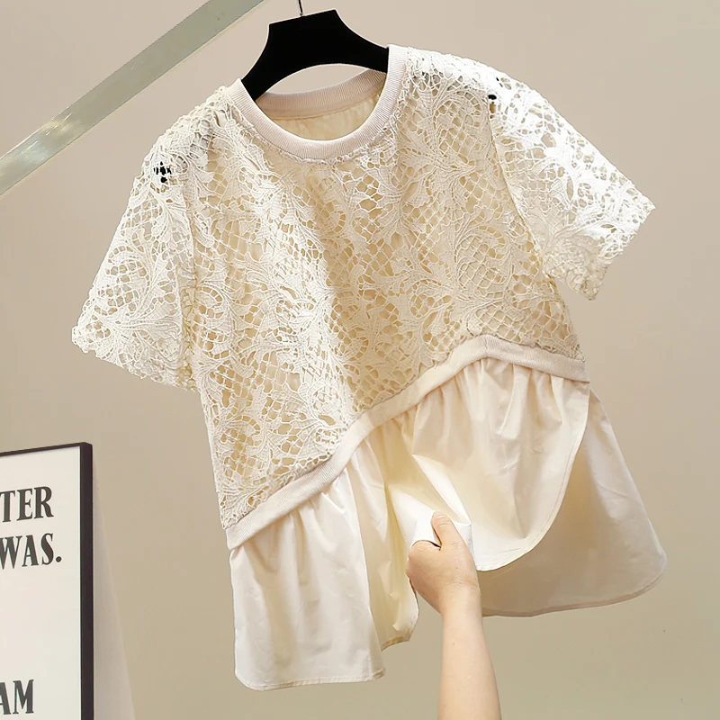 Faionable Ruffle Hem Splice Hook Flower Hollow Soluble Lace irt Casual ort Sve round Ne Loose Women's Blouse
Faionable Ruffle Hem Splice Hook Flower Hollow Soluble Lace irt Casual ort Sve round Ne Loose Women's Blouse
