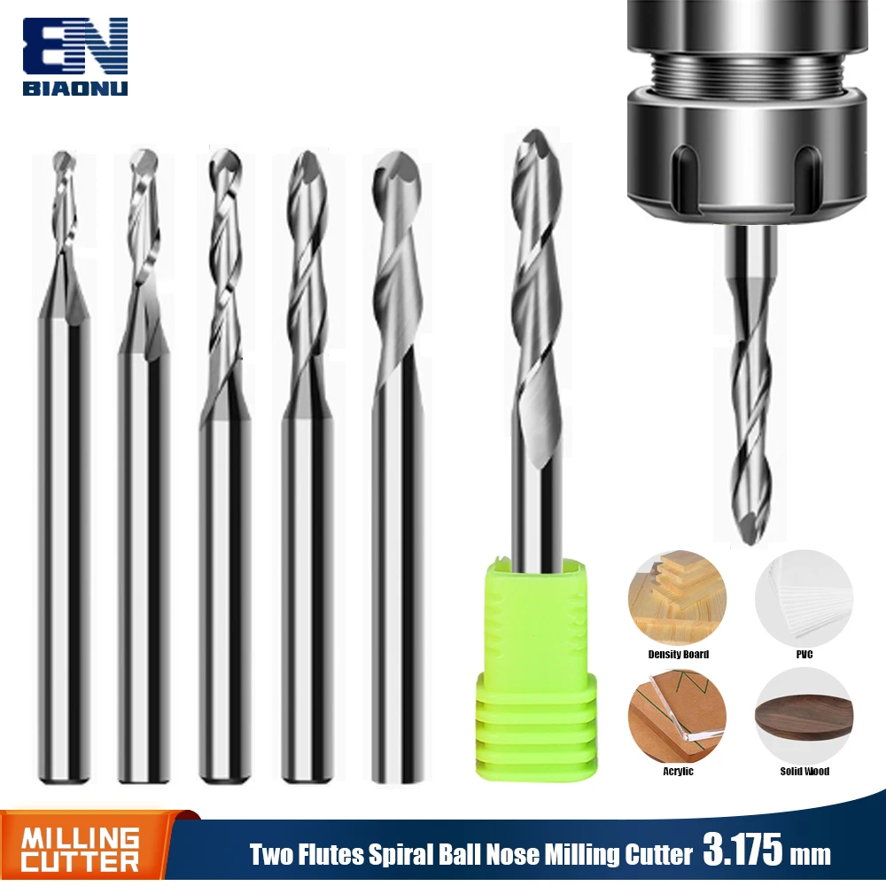 Biaonu 1Pcs 3.175mm Shank Two Flutes Ball Nose End Mill cnc Router Engraving Bit Carbide Spiral Milling Cutter Woodworking Tools
Biaonu 1Pcs 3.175mm Shank Two Flutes Ball Nose End Mill cnc Router Engraving Bit Carbide Spiral Milling Cutter Woodworking Tools