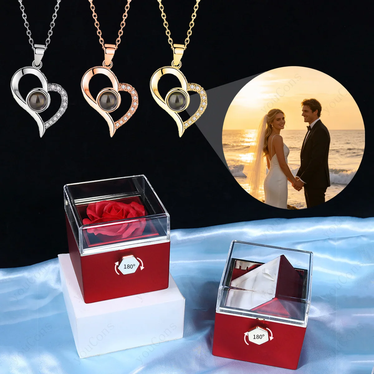 Custom Color Photo Projection Necklace With Rotating Rose Gift Box Stainless Steel Chain Valentine's Day Mother's Day Popular
Custom Color Photo Projection Necklace With Rotating Rose Gift Box Stainless Steel Chain Valentine's Day Mother's Day Popular