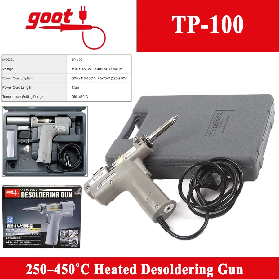 GOOT TP-100 Electric Solder Suction 250–450˚C Heated Desoldering Gun Vacuum Desolder Pump for Assembling Circuit Boards
GOOT TP-100 Electric Solder Suction 250–450˚C Heated Desoldering Gun Vacuum Desolder Pump for Assembling Circuit Boards
