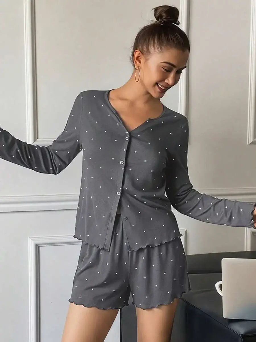 Women Polka Dot Print Long Sleeve Cardigan Top And Shorts Pajama Set Summer
Women Polka Dot Print Long Sleeve Cardigan Top And Shorts Pajama Set Summer