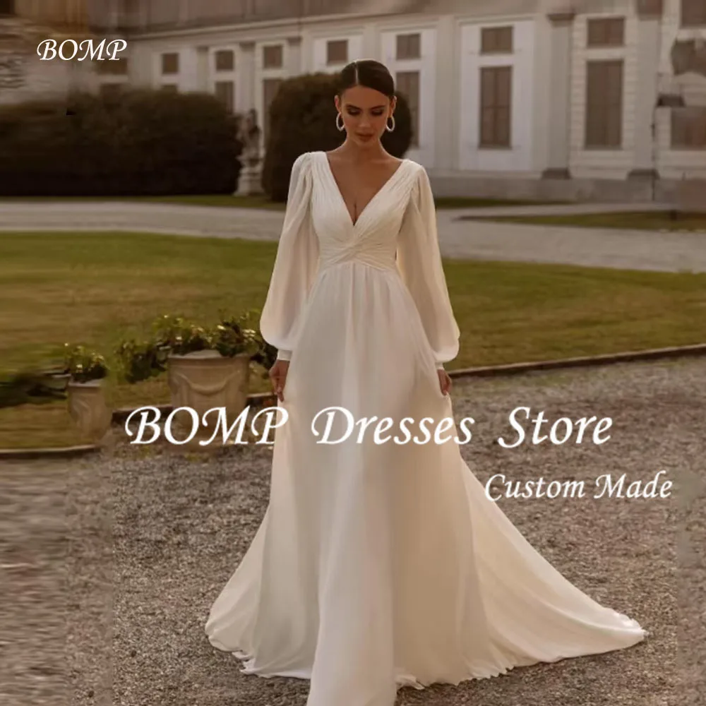 BOMP Customized Simple Chiffon A-Line Wedding Dresses V-Neck Long Puff Sleeves Backless Bridal Grown Formal Prom Party Wear
BOMP Customized Simple Chiffon A-Line Wedding Dresses V-Neck Long Puff Sleeves Backless Bridal Grown Formal Prom Party Wear