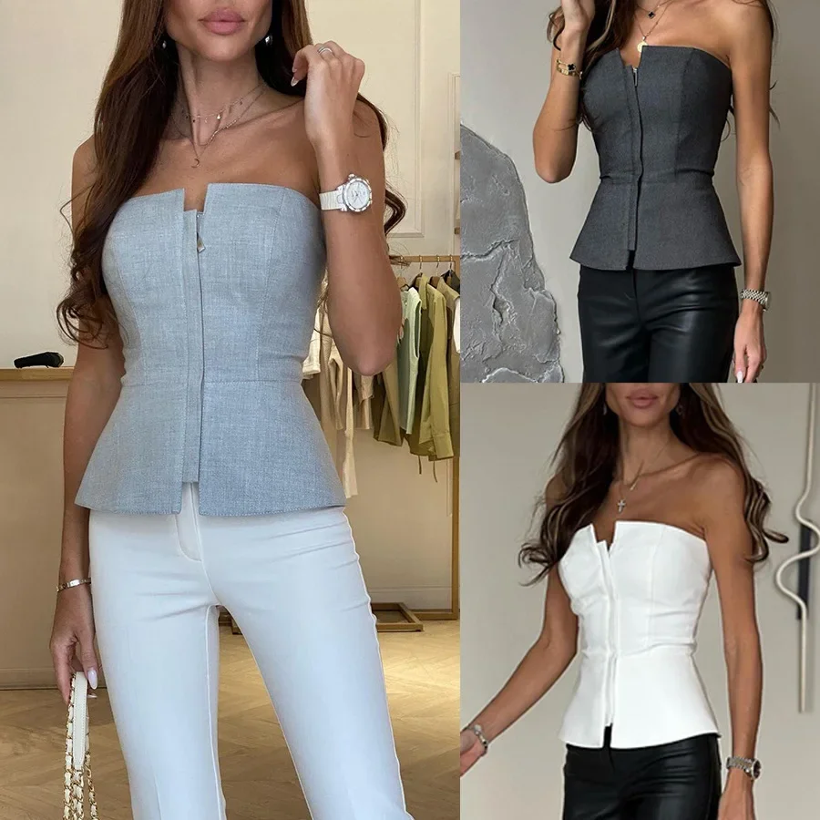 Spring Elegant Bustier Zipper Blouses 2024 Women Casual Sleeveless Backless Slim Fit Tops Summer Fashion Solid Party Vest Shirts
Spring Elegant Bustier Zipper Blouses 2024 Women Casual Sleeveless Backless Slim Fit Tops Summer Fashion Solid Party Vest Shirts