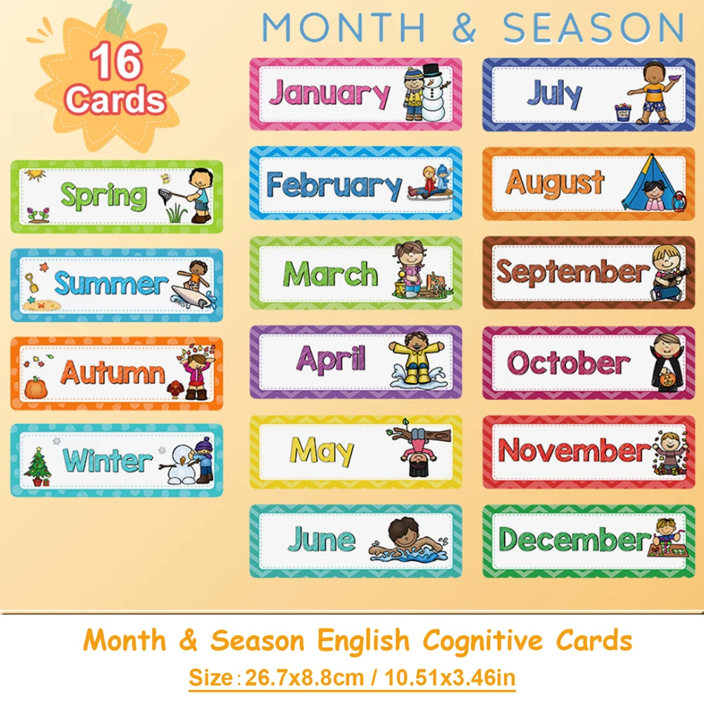 Season & Month Flashcards Homeschool Wall Art Classroom Decor Kids Learn 12 Months of The Year Early Education Cognitive Cards
Season & Month Flashcards Homeschool Wall Art Classroom Decor Kids Learn 12 Months of The Year Early Education Cognitive Cards
