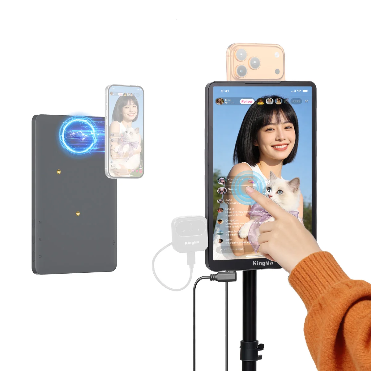 KingMa 10' Live Stream Touch Monitor for IPhone17 16 15 Samsung Rear Camera Vlog Screen Mirroring Kit Reverse Control for TikTok
