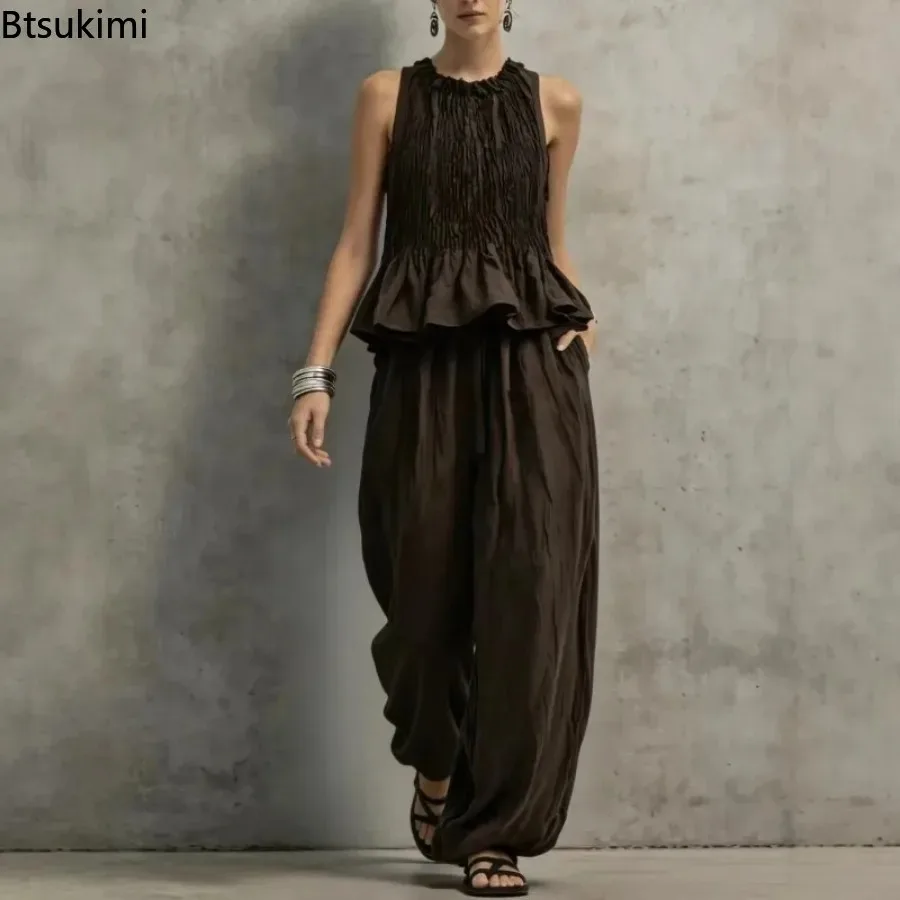Simple Ruffle Hem Sleeveless Top & High Waist Wide Leg Pants Sets 2PCS Casual Outfit Women Vintage French Style Vacation Sets
Simple Ruffle Hem Sleeveless Top & High Waist Wide Leg Pants Sets 2PCS Casual Outfit Women Vintage French Style Vacation Sets