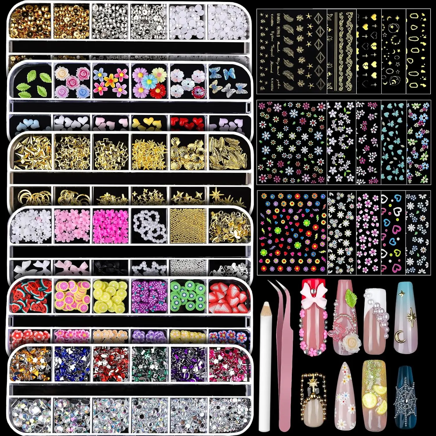 6 Boxes 3D Nail Gems & 15 Sheets Stickers, Nail Art Charms Set
6 Boxes 3D Nail Gems & 15 Sheets Stickers, Nail Art Charms Set
