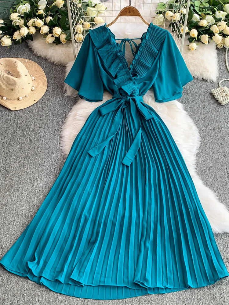 french vintage chic women summer v neck slim bandage pleated long dress ruffles backless party vestido de festa elegant vestidos
french vintage chic women summer v neck slim bandage pleated long dress ruffles backless party vestido de festa elegant vestidos
