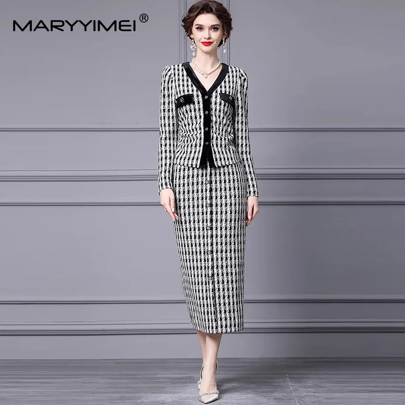 MARYYIMEI женский элегантный клетчатый костюм с отложным воротником и длинными рукавами, однобортный топ + облегающая юбка с запахом на бедрах, комплект из 2 предметов
MARYYIMEI женский элегантный клетчатый костюм с отложным воротником и длинными рукавами, однобортный топ + облегающая юбка с запахом на бедрах, комплект из 2 предметов