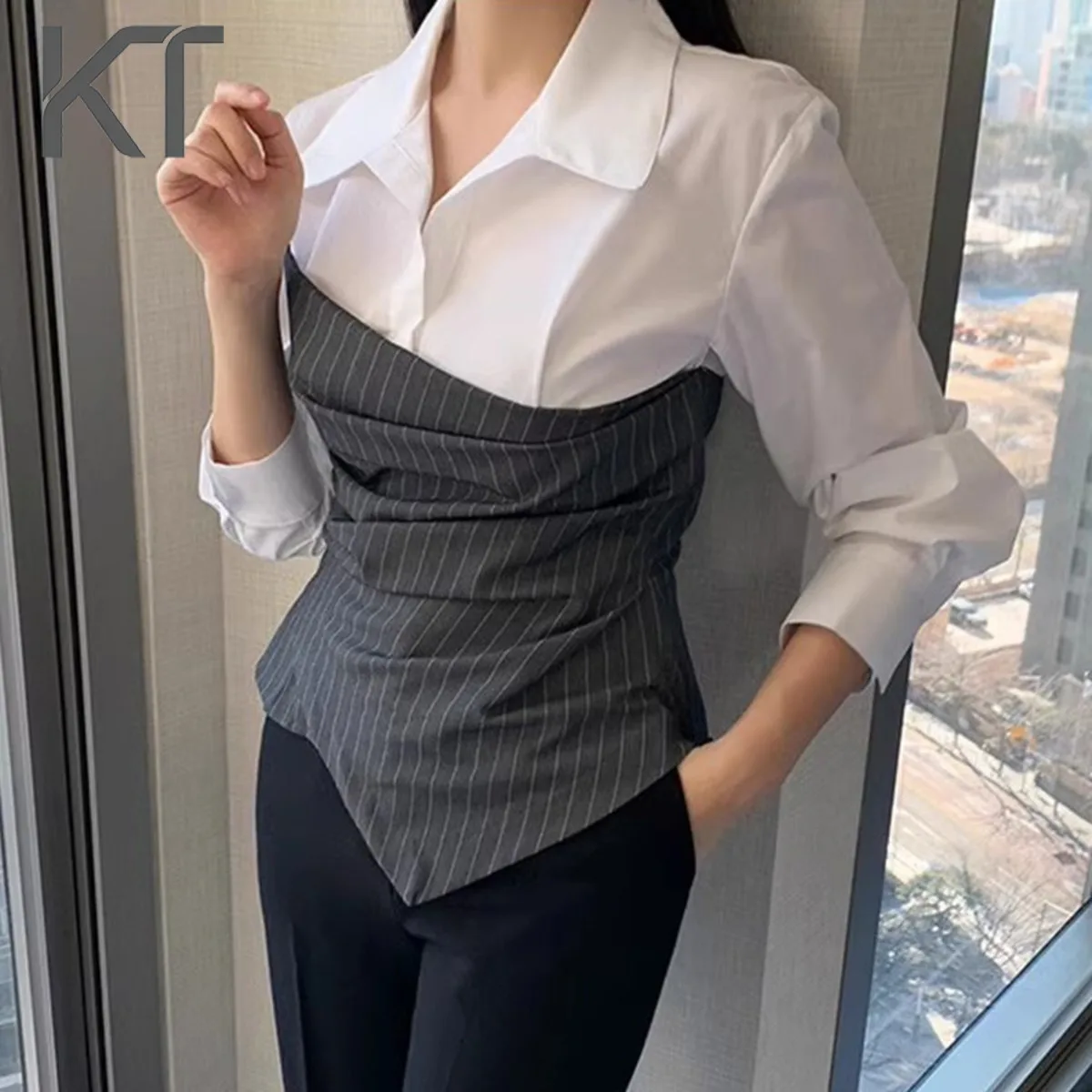 KT Elegant Two Piece Shirt For Women Point Collar Long Sleeve Pinstripe Corset Waist Asymmetric Hem Office & Casual
KT Elegant Two Piece Shirt For Women Point Collar Long Sleeve Pinstripe Corset Waist Asymmetric Hem Office & Casual