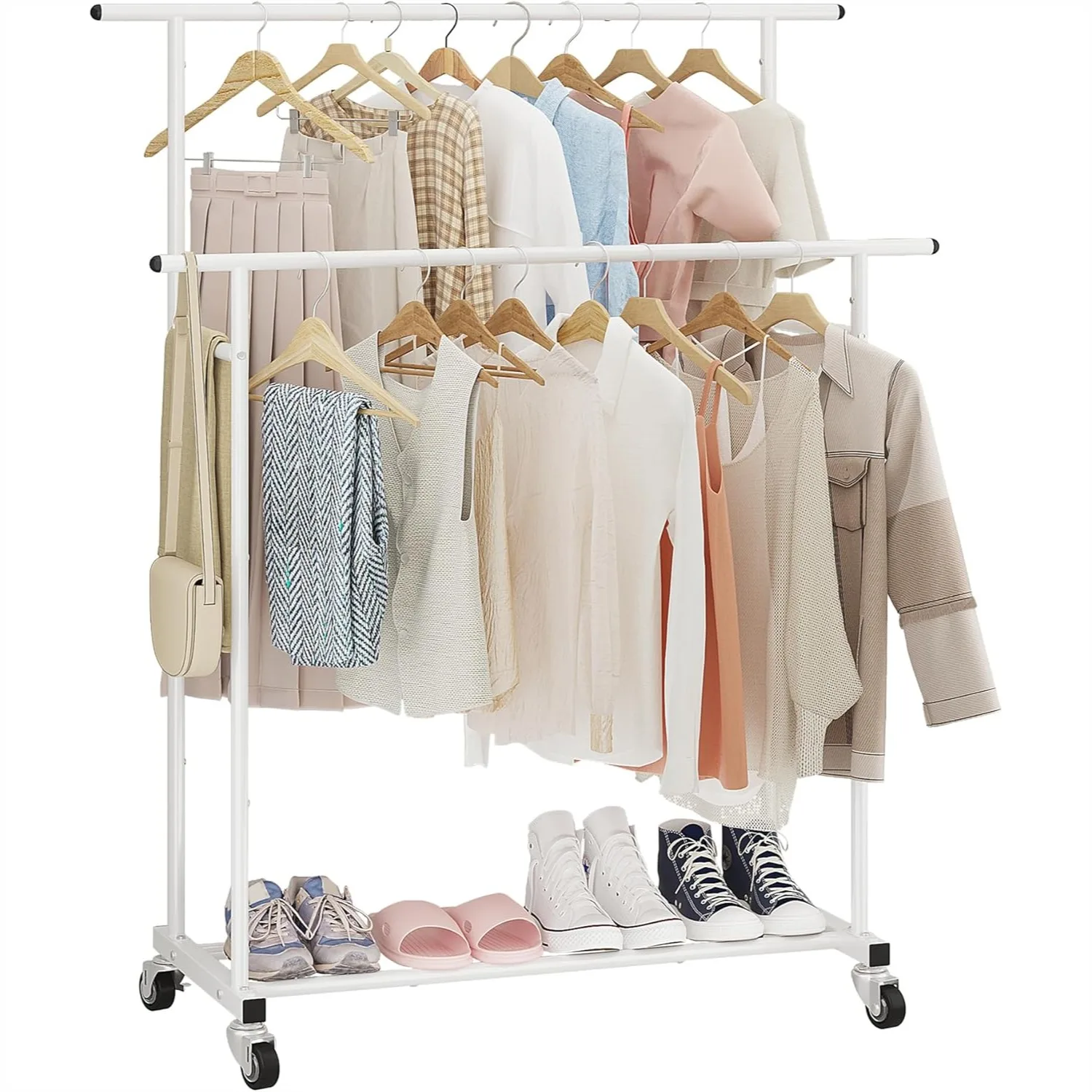 Double Rod Clothing Rack, Rolling Hanger with Wheels, Portable Clothes Organizer for Bedroom Living Room White
Double Rod Clothing Rack, Rolling Hanger with Wheels, Portable Clothes Organizer for Bedroom Living Room White