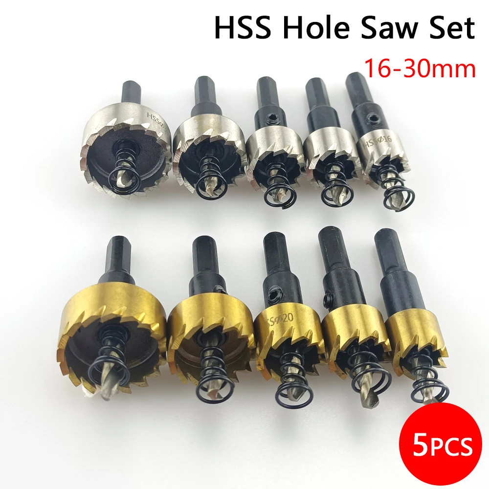 5 Pcs 16-30mm HSS Hole Saw Set Titanium Coated Drill Bit Drilling Crown for Metal Alloy Stainless Steel Wood Cutting Tool
5 Pcs 16-30mm HSS Hole Saw Set Titanium Coated Drill Bit Drilling Crown for Metal Alloy Stainless Steel Wood Cutting Tool