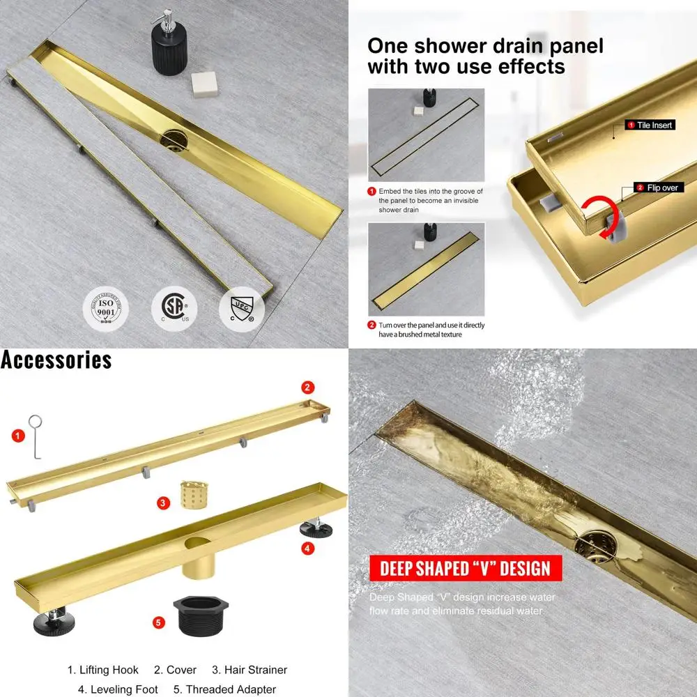30 Brushed Gold Linear Shower Drain with 2-in-1 Tile Insert, 304 Stainless Steel, Hair Strainer & Leveling Feet
30 Brushed Gold Linear Shower Drain with 2-in-1 Tile Insert, 304 Stainless Steel, Hair Strainer & Leveling Feet