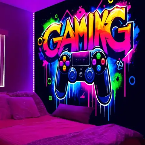 Controlador de juegos, tapiz artístico de Graffiti, tapiz de luz negra para colgar en la pared, decoración de pared fluorescente colorida reactiva UV para sala de juegos