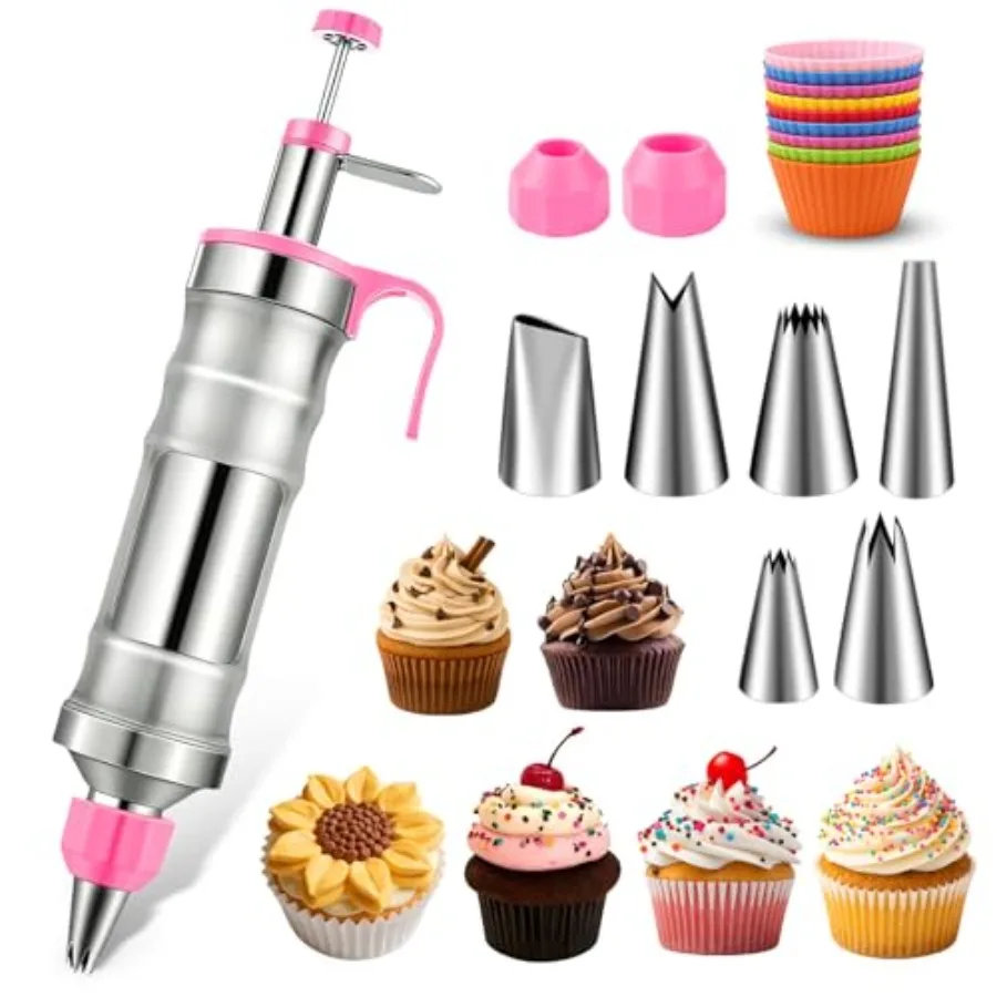 Dessert Decorating Syringe Set Frosting Piping Kit Stainless Steels Cake Decorating Kit with 6 Piping Tips and 9 silicone cupca
Dessert Decorating Syringe Set Frosting Piping Kit Stainless Steels Cake Decorating Kit with 6 Piping Tips and 9 silicone cupca