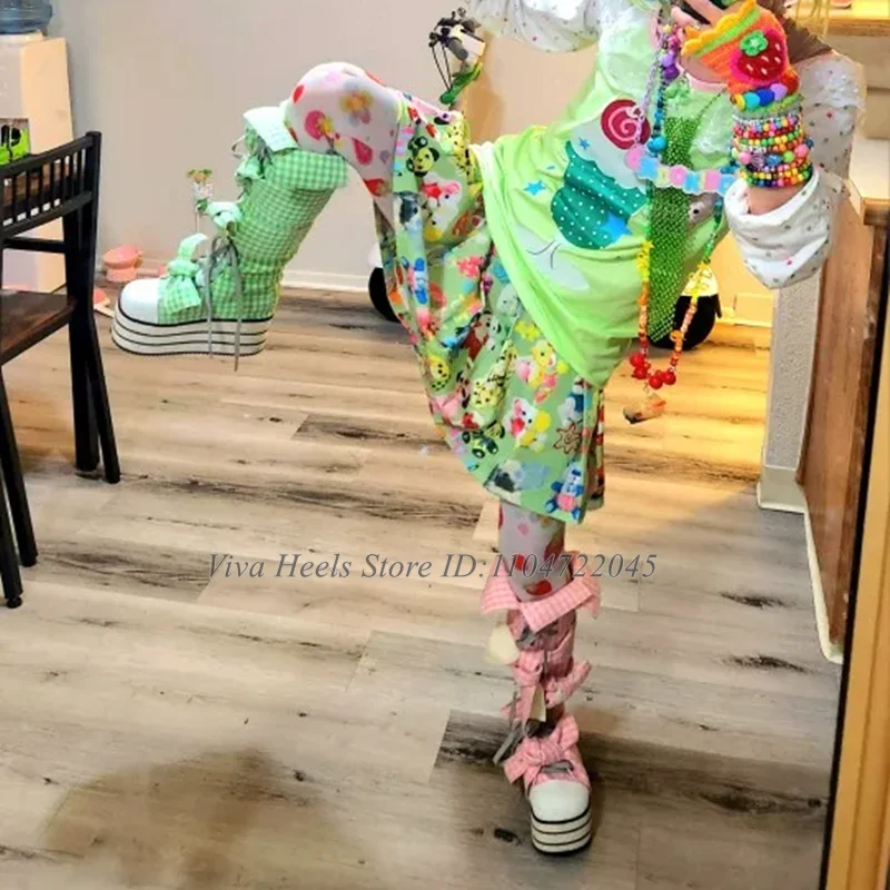 Y2k Girl's Sweet Pink/Green/Black Canvas Flat Platform Boots Bow Knot Lace up Lattice Knee High Boots Luxury Sweet Cosplay Shoes
Y2k Girl's Sweet Pink/Green/Black Canvas Flat Platform Boots Bow Knot Lace up Lattice Knee High Boots Luxury Sweet Cosplay Shoes