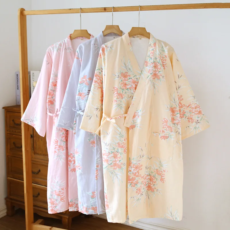 Women's Kimono Robe Night Wear Female Spring Autumn Floral Dressing Gown Guaze Cotton Loose Night Robes Bathrobe Woman
Women's Kimono Robe Night Wear Female Spring Autumn Floral Dressing Gown Guaze Cotton Loose Night Robes Bathrobe Woman