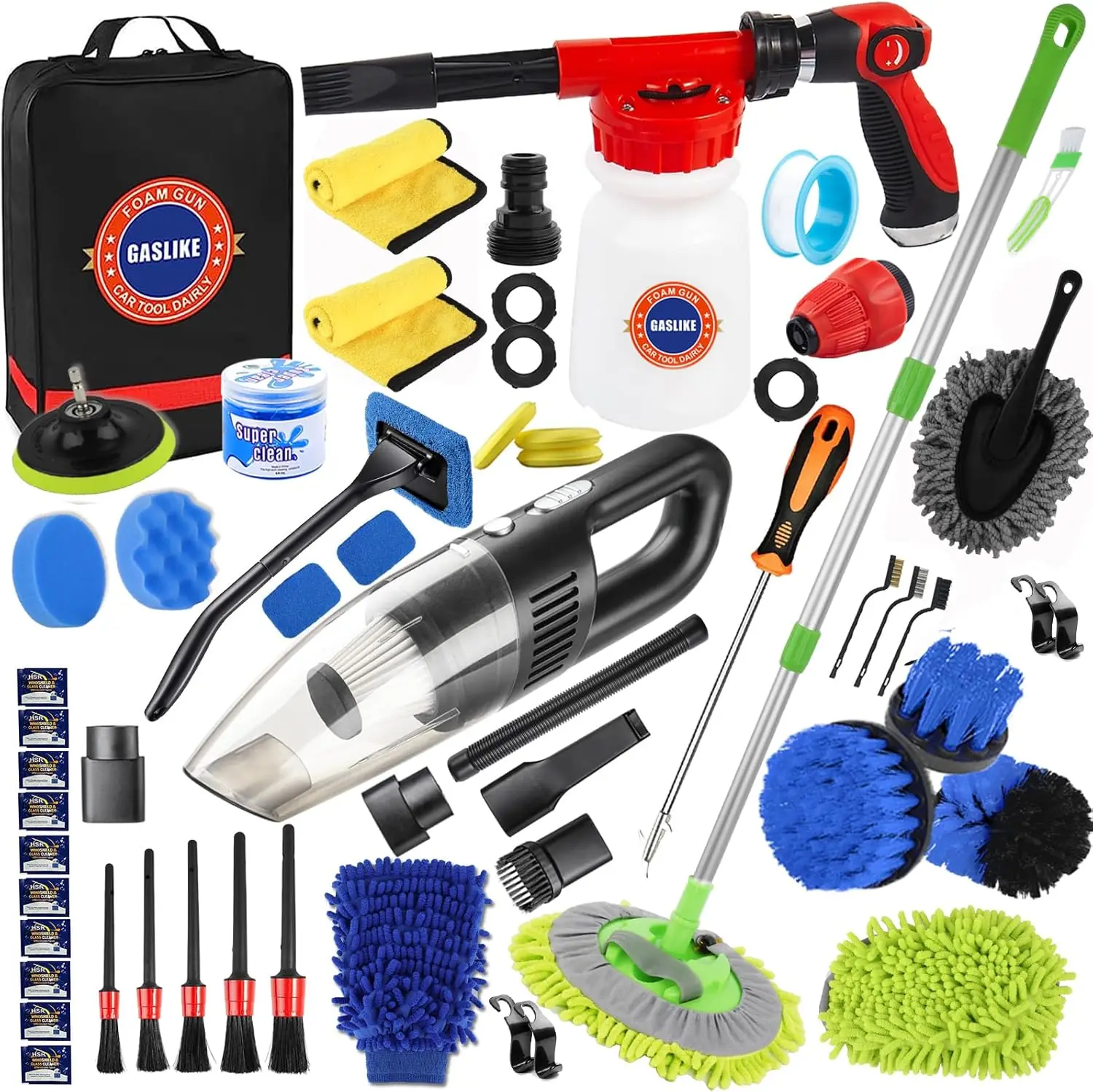 63-Piece Car Wash Kit with Foam Gun, Vacuum Cleaner, and Long Handle Brush for Interior & Exterior Cleaning
63-Piece Car Wash Kit with Foam Gun, Vacuum Cleaner, and Long Handle Brush for Interior & Exterior Cleaning