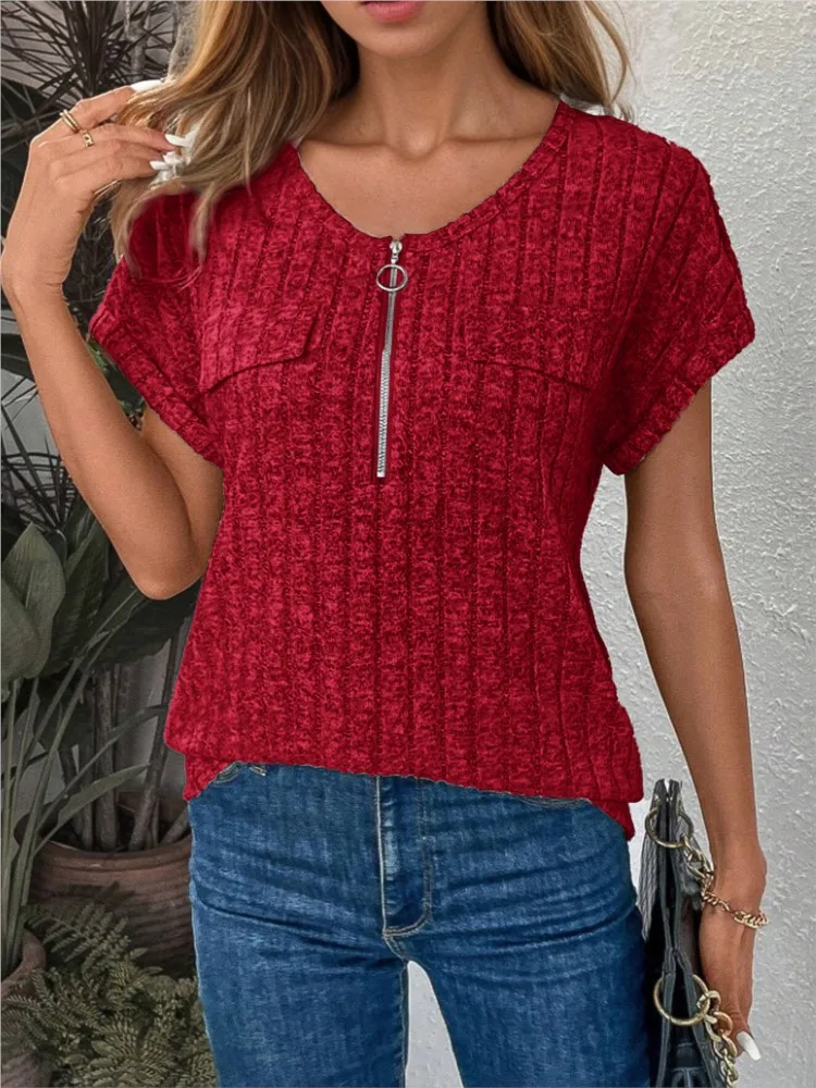 Women Solid Color Zipper Short Sleeve Knitted Top Casual T Shirt Fashion Female Tee Female V-Neck Streetwear TShirts Tops
Women Solid Color Zipper Short Sleeve Knitted Top Casual T Shirt Fashion Female Tee Female V-Neck Streetwear TShirts Tops