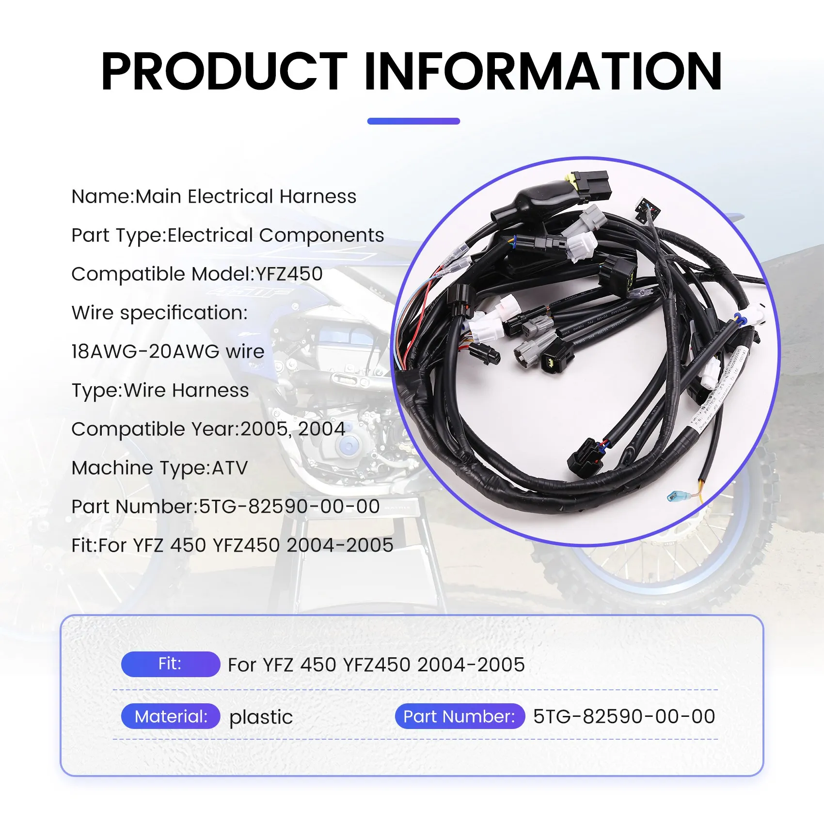 Superior-5TG-82590-00-00 Главный электрический жгут проводов для квадроциклов для YFZ450 2004 2005
Superior-5TG-82590-00-00 Главный электрический жгут проводов для квадроциклов для YFZ450 2004 2005