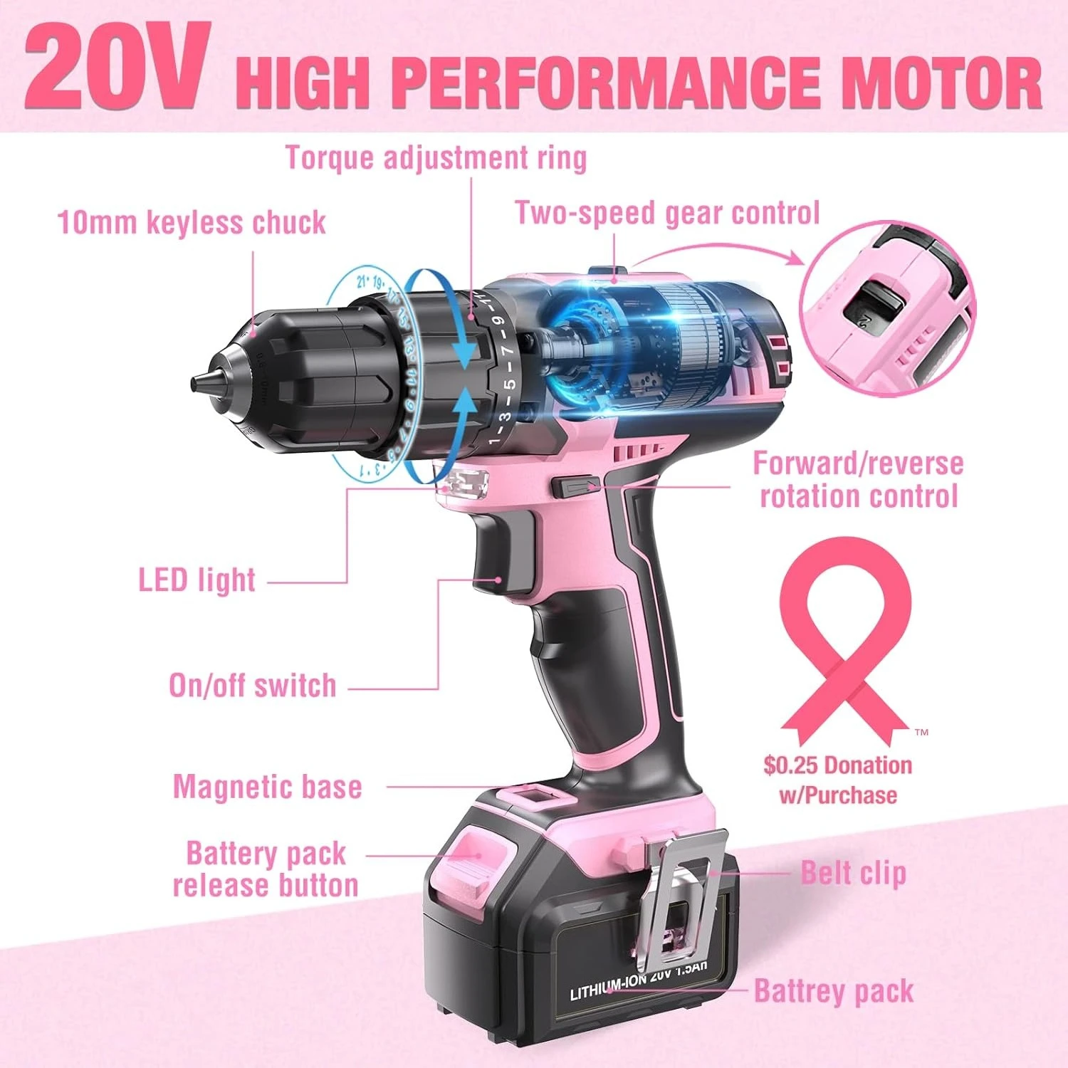 Pink Cordless 20V Lithium-ion Drill Driver Set, 1 Battery, Charger and Storage Bag Included - Pink Ribbon
Pink Cordless 20V Lithium-ion Drill Driver Set, 1 Battery, Charger and Storage Bag Included - Pink Ribbon