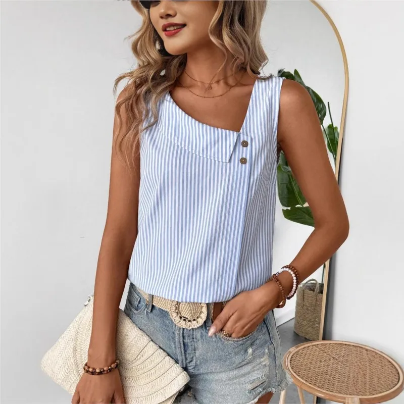 New Women's Casual Slanted Collar Sleeveless Pullover Multi-color Striped Women Top T-shirt Elegant Blouses Fashion Shirt Women
New Women's Casual Slanted Collar Sleeveless Pullover Multi-color Striped Women Top T-shirt Elegant Blouses Fashion Shirt Women