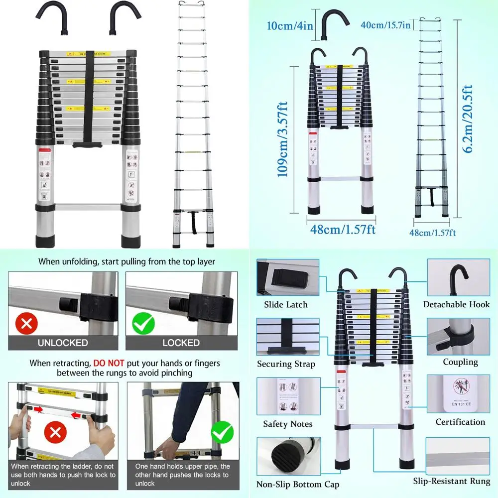 Aluminum Telescoping Extension Ladder 20.5ft - Portable Lightweight Ladders with Detachable Hooks for Outdoor Use
Aluminum Telescoping Extension Ladder 20.5ft - Portable Lightweight Ladders with Detachable Hooks for Outdoor Use