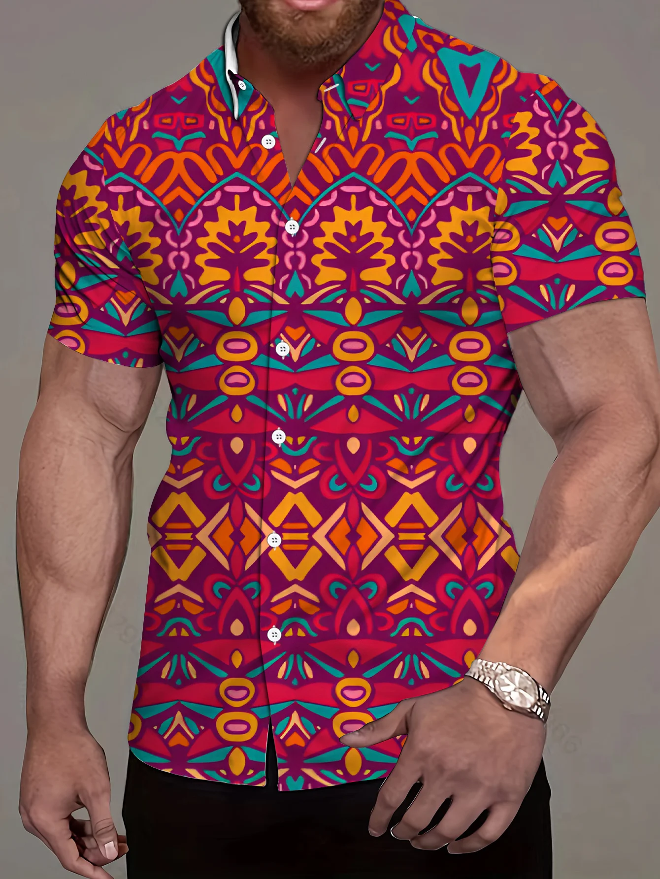 Men's Dopamine Print Short Sleeve Button-Up Shirt - 3D Hot Transfer Geometric Pattern, Smooth Texture Comfort Fit, Vibrant Color
Men's Dopamine Print Short Sleeve Button-Up Shirt - 3D Hot Transfer Geometric Pattern, Smooth Texture Comfort Fit, Vibrant Color