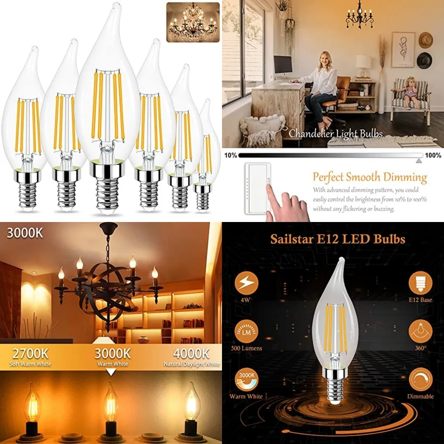 E12 LED Candelabra Bulbs Dimmable, 60 Watt Equivalent Chandelier Light Bulbs, 4W Filament Candle LED Bulbs, Flame Tip, 500 Lume
E12 LED Candelabra Bulbs Dimmable, 60 Watt Equivalent Chandelier Light Bulbs, 4W Filament Candle LED Bulbs, Flame Tip, 500 Lume