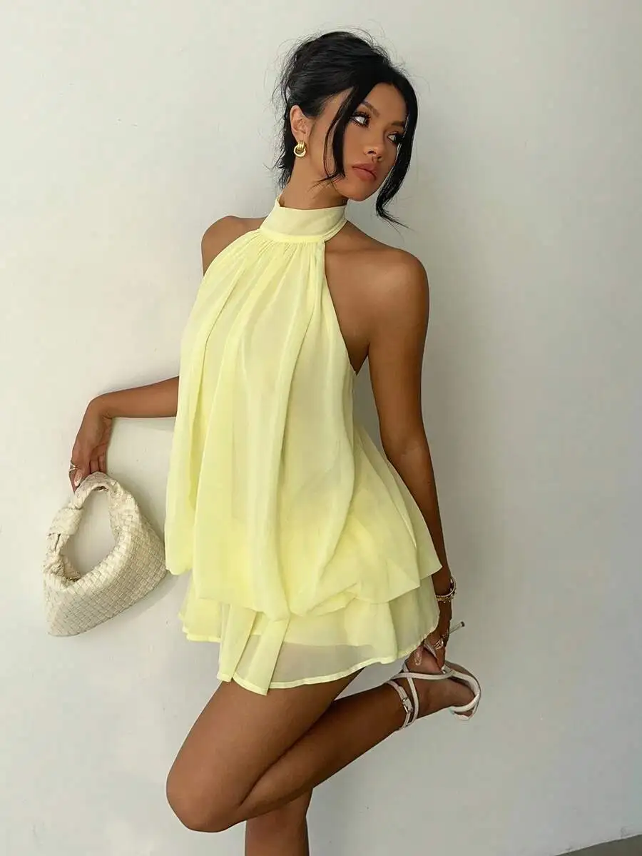 Light Yellow Halter Neck Ruffled Mini Dress for Summer
Light Yellow Halter Neck Ruffled Mini Dress for Summer