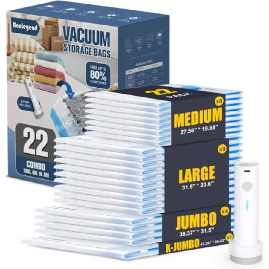 Vacuum Storage Bags with Electric Pump 22 Combo 1X-Jumbo, 4 Jumbo, 9 Large, 8 Medium Thickened Vacuum Seal Bags for Clothing Sp
Vacuum Storage Bags with Electric Pump 22 Combo 1X-Jumbo, 4 Jumbo, 9 Large, 8 Medium Thickened Vacuum Seal Bags for Clothing Sp