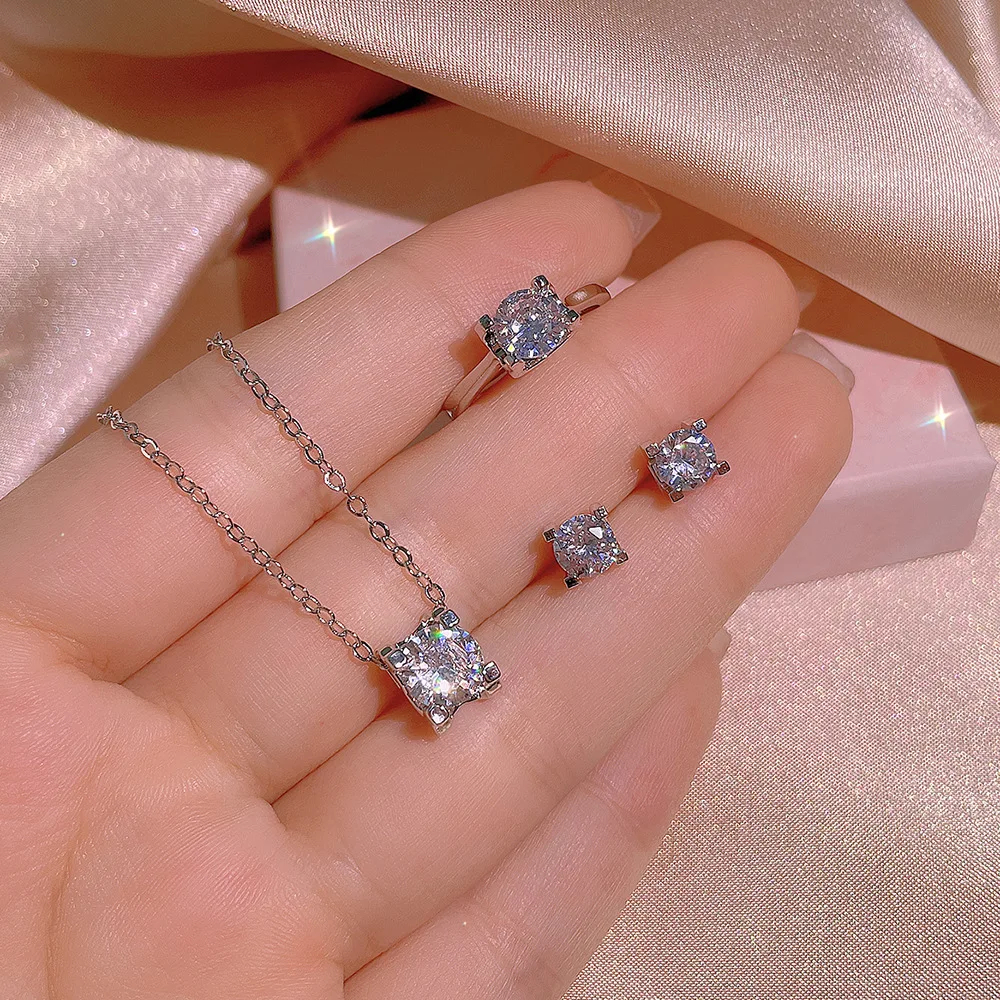 Classic Square Full Diamond Three-Piece Ring Pendant Necklace Stud Earrings For Women Silver-Plated Anniversary Gift Jewelry
Classic Square Full Diamond Three-Piece Ring Pendant Necklace Stud Earrings For Women Silver-Plated Anniversary Gift Jewelry