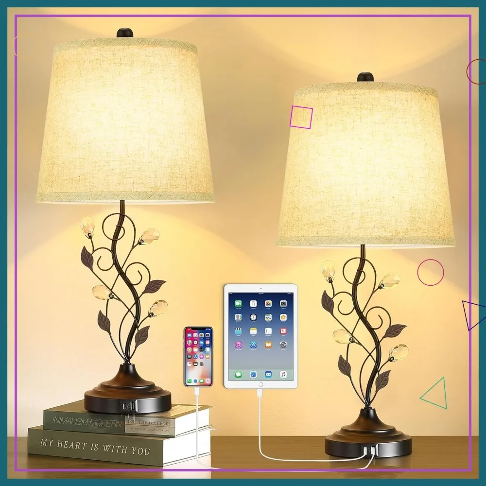 Set of 2 Rustic Farmhouse Table Lamps with USB Charging Ports, Cream Fabric Shade, Metal & Crystal Finish for Bedroom
Set of 2 Rustic Farmhouse Table Lamps with USB Charging Ports, Cream Fabric Shade, Metal & Crystal Finish for Bedroom