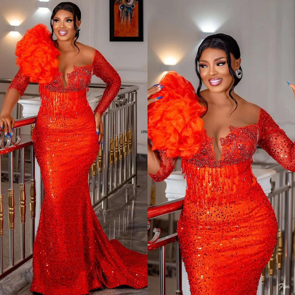Red Mermaid Evening Dress Lace Beaded 3D Flowers Sequins African Long Sleeves Plus Size Formal Party Dress Customization
Red Mermaid Evening Dress Lace Beaded 3D Flowers Sequins African Long Sleeves Plus Size Formal Party Dress Customization
