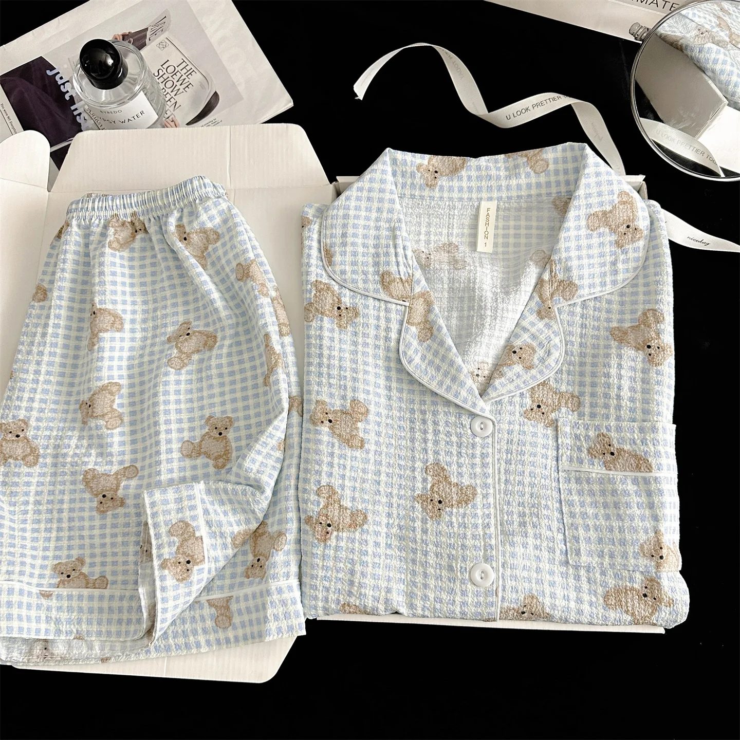 Summer Short Sleeve Sleepwear Women's Bubble Gauze Pleated Cardigan Sweet Little Cherry Thin Home Clothes Set Casual Style 2 Sd9c7dbc2f76240ec85caf5c91926684ca